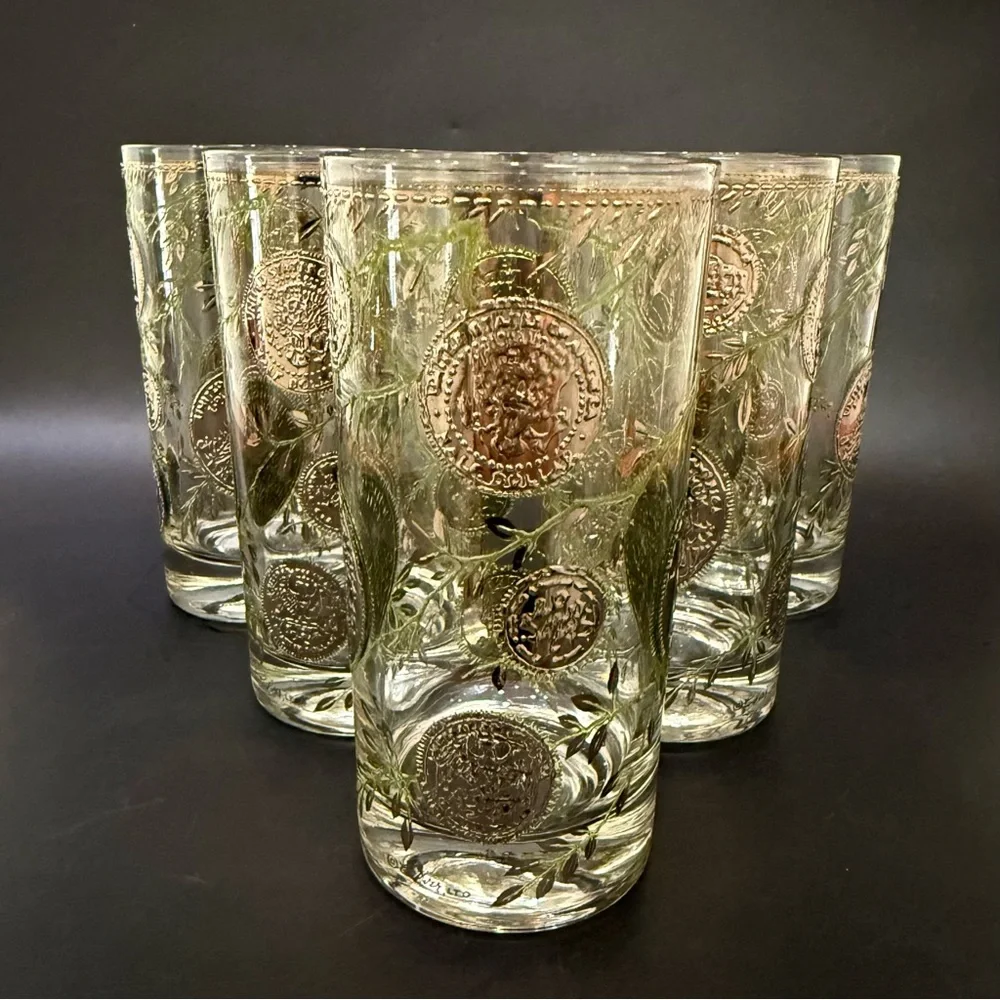 Lot of 5 Vintage MCM MidMod CULVER Midas 22K Gold American Coin Leaves Highball